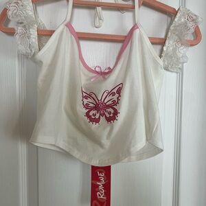 ROMWE White Top with Pink Butterfly Design